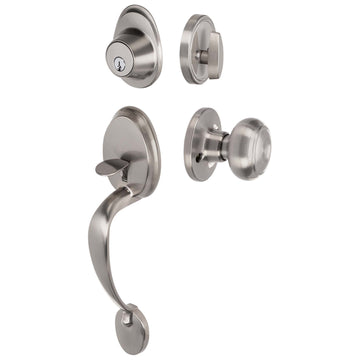 Image Of Front Door Handleset With Interior Door Knob Contemporary Style Callista Collection - Satin Nickel Finish - Harney Hardware