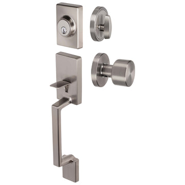 Image Of Front Door Handleset With Interior Door Knob Contemporary Style Brooklyn Collection - Satin Nickel Finish - Harney Hardware