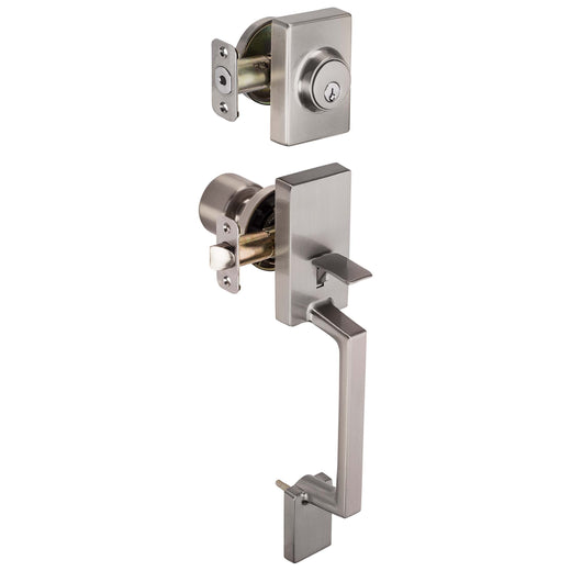 Image Of Front Door Handleset With Interior Door Knob Contemporary Style Brooklyn Collection - Satin Nickel Finish - Harney Hardware