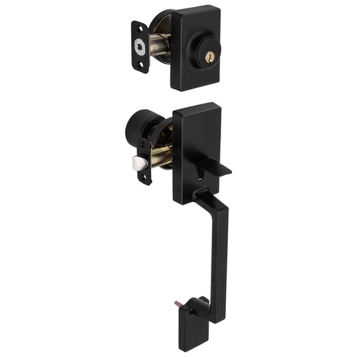 Image Of Front Door Handleset With Interior Door Knob Contemporary Style Brooklyn Collection - Matte Black Finish - Harney Hardware