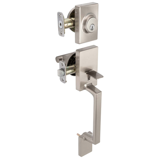 Image Of Front Door Handleset With Interior Reversible Lever Contemporary Style Riley Collection - Satin Nickel Finish - Harney Hardware