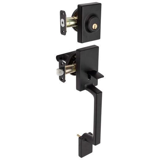 Image Of Front Door Handleset With Interior Reversible Lever Contemporary Style Riley Collection - Matte Black Finish - Harney Hardware
