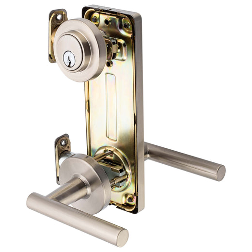 Image Of Interconnected Door Lock Reversible Passage Lever -  UL Fire Rated -  ANSI 2 -  Contemporary Style Riley Collection - Satin Nickel Finish - Harney Hardware