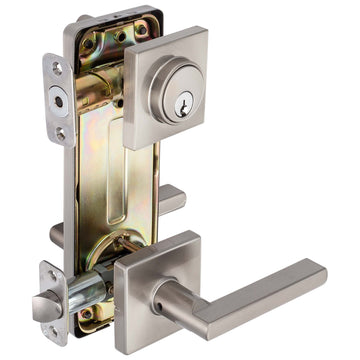 Image Of Interconnected Door Lock Reversible Passage Lever -  UL Fire Rated -  ANSI 2 -  Contemporary Style Harper Collection - Satin Nickel Finish - Harney Hardware