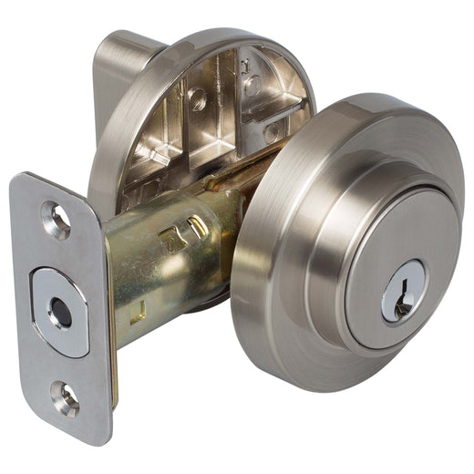 Image Of Keyed Single Cylinder Contemporary Deadbolt -  Round Escutcheon - Satin Nickel Finish - Harney Hardware