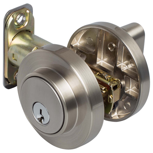 Image Of Keyed Single Cylinder Contemporary Deadbolt -  Round Escutcheon - Satin Nickel Finish - Harney Hardware