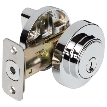 Image Of Keyed Single Cylinder Contemporary Deadbolt -  Round Escutcheon - Chrome Finish - Harney Hardware