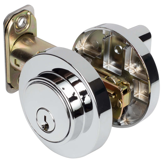 Image Of Keyed Single Cylinder Contemporary Deadbolt -  Round Escutcheon - Chrome Finish - Harney Hardware