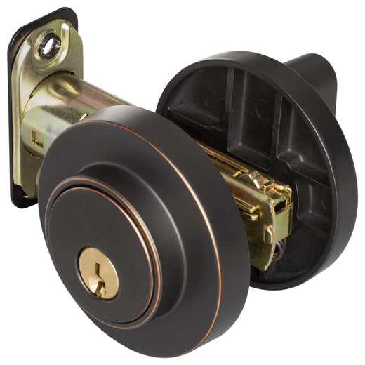 Image Of Keyed Single Cylinder Contemporary Deadbolt -  Round Escutcheon - Venetian Bronze Finish - Harney Hardware