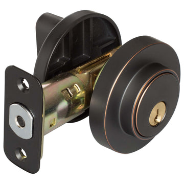 Image Of Keyed Single Cylinder Contemporary Deadbolt -  Round Escutcheon - Venetian Bronze Finish - Harney Hardware