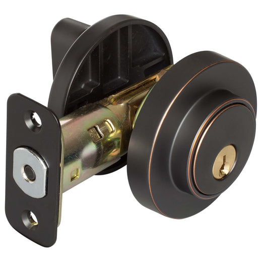 Image Of Keyed Single Cylinder Contemporary Deadbolt -  Round Escutcheon - Venetian Bronze Finish - Harney Hardware