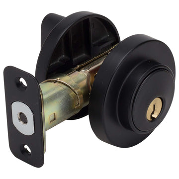 Image Of Keyed Single Cylinder Contemporary Deadbolt -  Round Escutcheon - Matte Black Finish - Harney Hardware