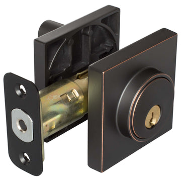 Image Of Keyed Single Cylinder Contemporary Deadbolt -  Square Escutcheon - Venetian Bronze Finish - Harney Hardware