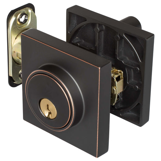 Image Of Keyed Single Cylinder Contemporary Deadbolt -  Square Escutcheon - Venetian Bronze Finish - Harney Hardware