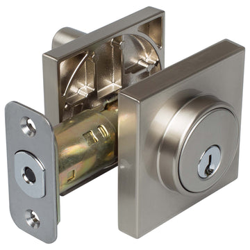 Image Of Keyed Single Cylinder Contemporary Deadbolt -  Square Escutcheon - Satin Nickel Finish - Harney Hardware