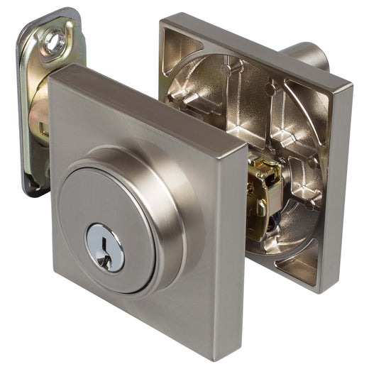 Image Of Keyed Single Cylinder Contemporary Deadbolt -  Square Escutcheon - Satin Nickel Finish - Harney Hardware
