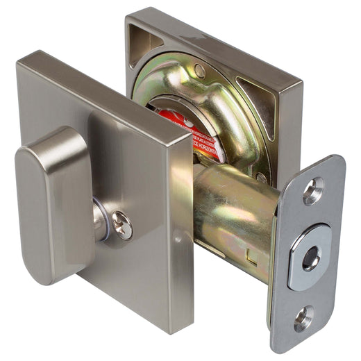 Image Of Keyed Single Cylinder Contemporary Deadbolt -  Square Escutcheon - Satin Nickel Finish - Harney Hardware