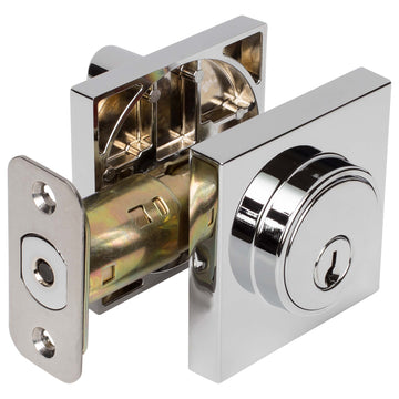 Image Of Keyed Single Cylinder Contemporary Deadbolt -  Square Escutcheon - Chrome Finish - Harney Hardware
