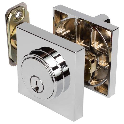 Image Of Keyed Single Cylinder Contemporary Deadbolt -  Square Escutcheon - Chrome Finish - Harney Hardware