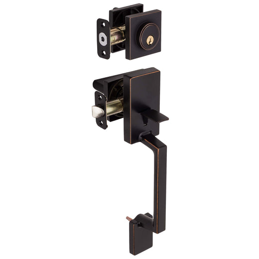 Image Of Front Door Handleset With Interior Reversible Lever Contemporary Style Harper Collection - Venetian Bronze Finish - Harney Hardware