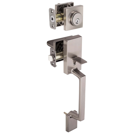 Image Of Front Door Handleset With Interior Reversible Lever Contemporary Style Harper Collection - Satin Nickel Finish - Harney Hardware