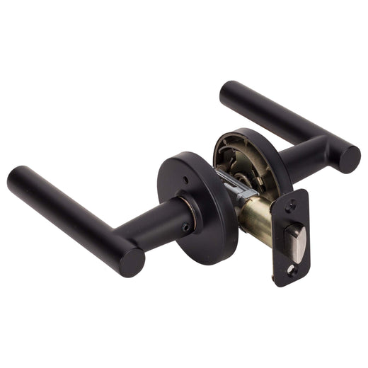 Image Of Door Lever Set Bed / Bath / Privacy Function Contemporary Style Riley Collection - Matte Black Finish - Harney Hardware