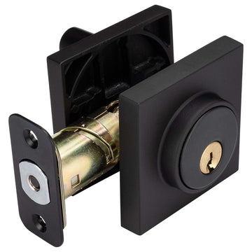 Image Of Keyed Single Cylinder Contemporary Deadbolt -  Square Escutcheon - Matte Black Finish - Harney Hardware