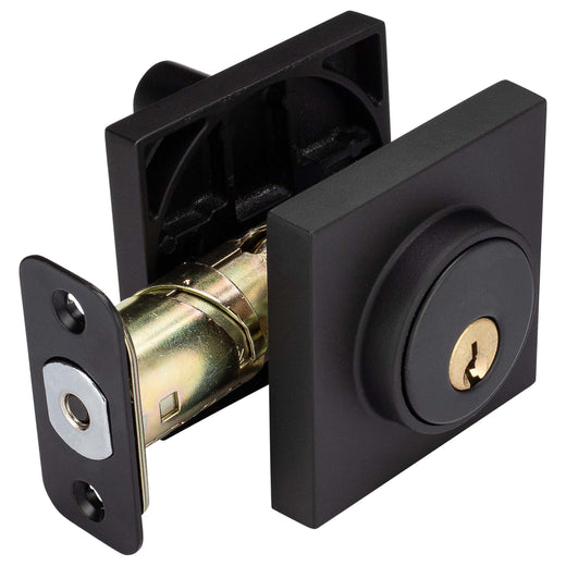 Image Of Keyed Single Cylinder Contemporary Deadbolt -  Square Escutcheon - Matte Black Finish - Harney Hardware