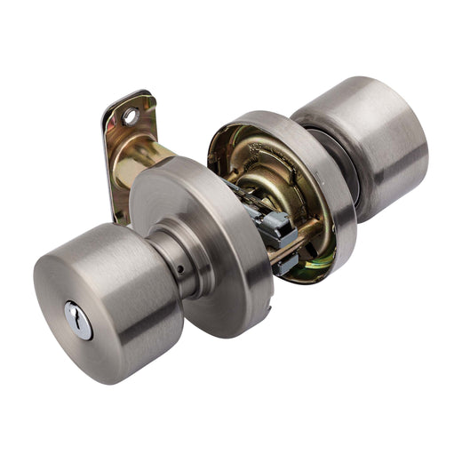 Image Of Door Knob Set Keyed / Entry Function Contemporary Style Brooklyn Collection - Satin Nickel Finish - Harney Hardware