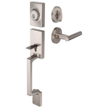 Image Of Front Door Handleset With Interior Reversible Lever Contemporary Style Riley Collection - Satin Nickel Finish - Harney Hardware
