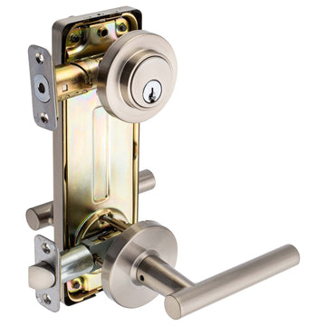 Image Of Interconnected Door Lock Reversible Passage Lever -  UL Fire Rated -  ANSI 2 -  Contemporary Style Riley Collection - Satin Nickel Finish - Harney Hardware