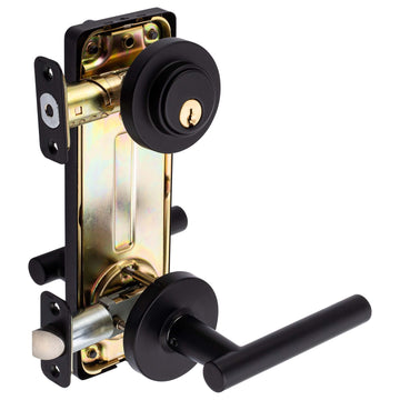 Image Of Interconnected Door Lock Reversible Passage Lever -  UL Fire Rated -  ANSI 2 -  Contemporary Style Riley Collection - Matte Black Finish - Harney Hardware