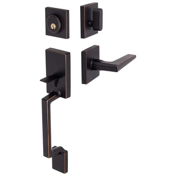 Image Of Front Door Handleset With Interior Reversible Lever Contemporary Style Harper Collection - Venetian Bronze Finish - Harney Hardware