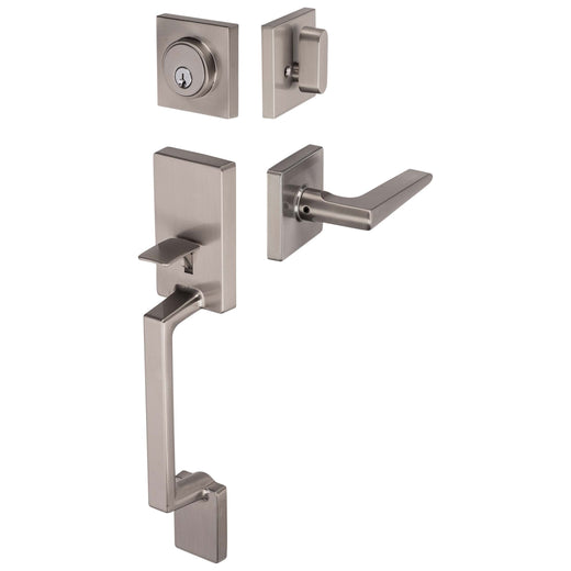 Image Of Front Door Handleset With Interior Reversible Lever Contemporary Style Harper Collection - Satin Nickel Finish - Harney Hardware