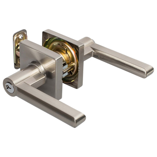 Image Of Door Lever Set Keyed / Entry Function Contemporary Style Harper Collection - Satin Nickel Finish - Harney Hardware