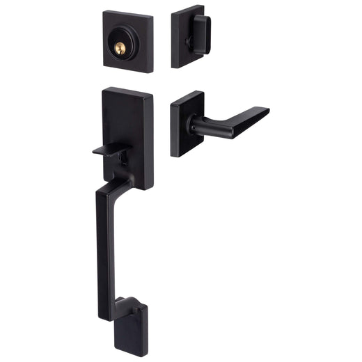 Image Of Front Door Handleset With Interior Reversible Lever Contemporary Style Harper Collection - Matte Black Finish - Harney Hardware