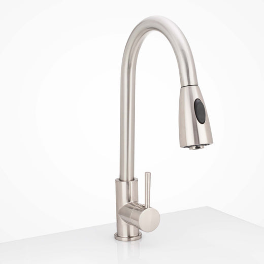 Image Of Kitchen Sink Faucet Contemporary / Modern -  Pull Down Spray -  16 1/2 In -  High - Satin Nickel Finish - Harney Hardware